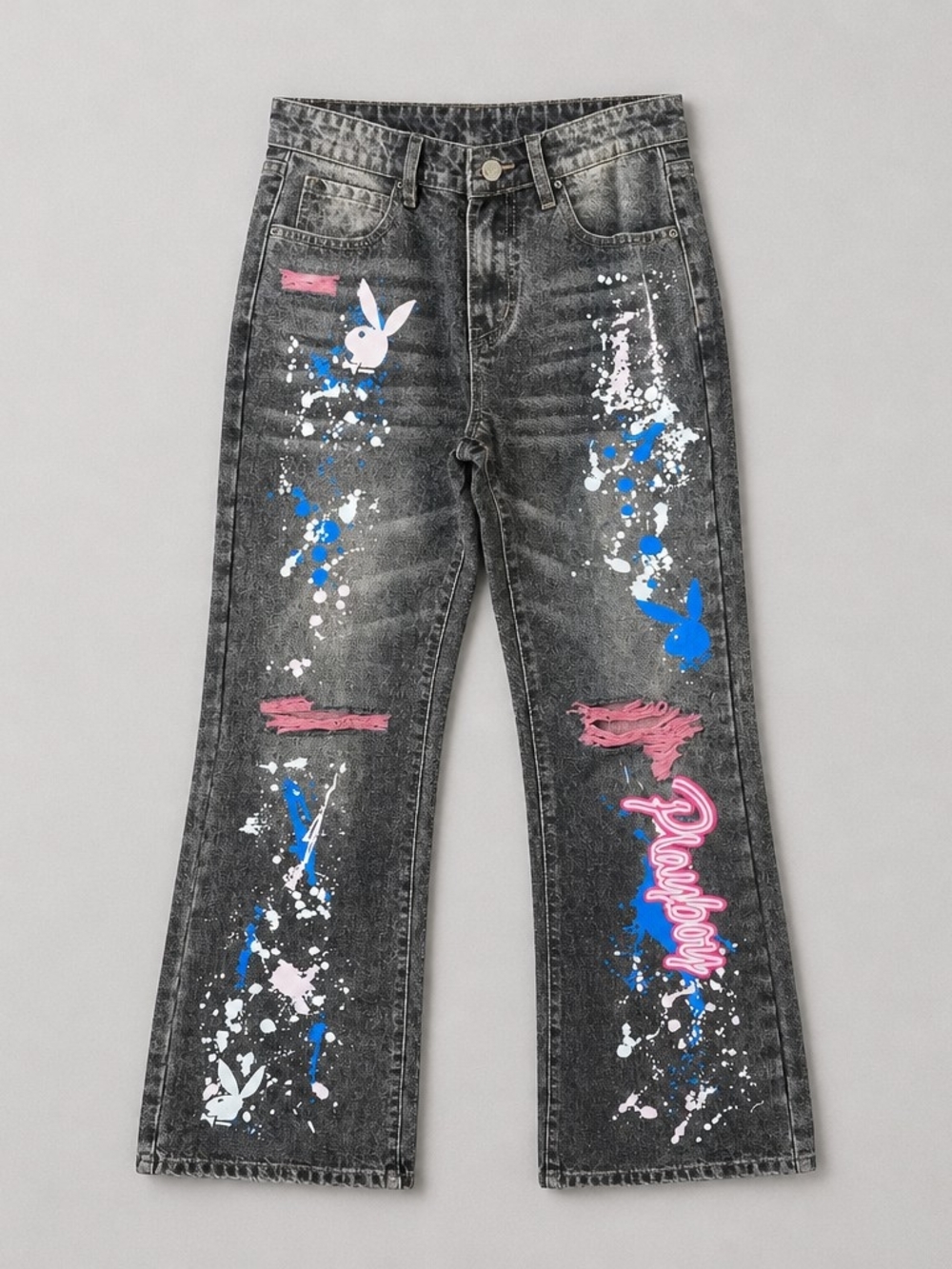 PLAYBOY Black Acid-Wash Flare Jeans with Pink & Blue Graphics